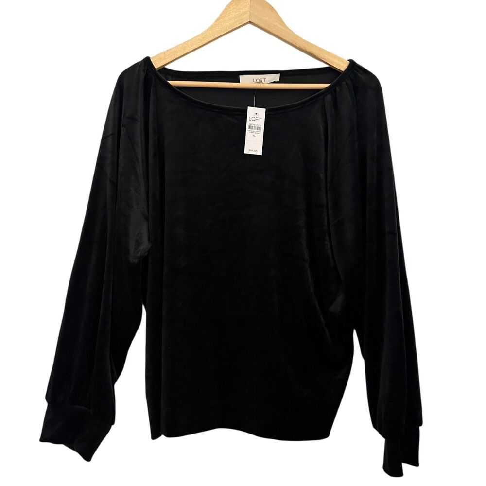 Loft Black Velour Velvet Scoop Neck Long Sleeve Blouse Size XL NWT
